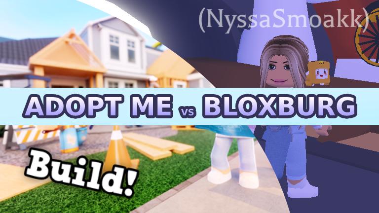 adopt me vs bloxburg design with screenshot of both games and text overlay