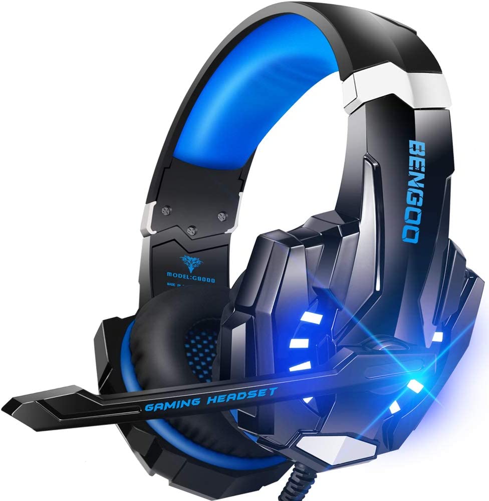 BENGOO G9000 Gaming Headset with blue lights lit up and mic down